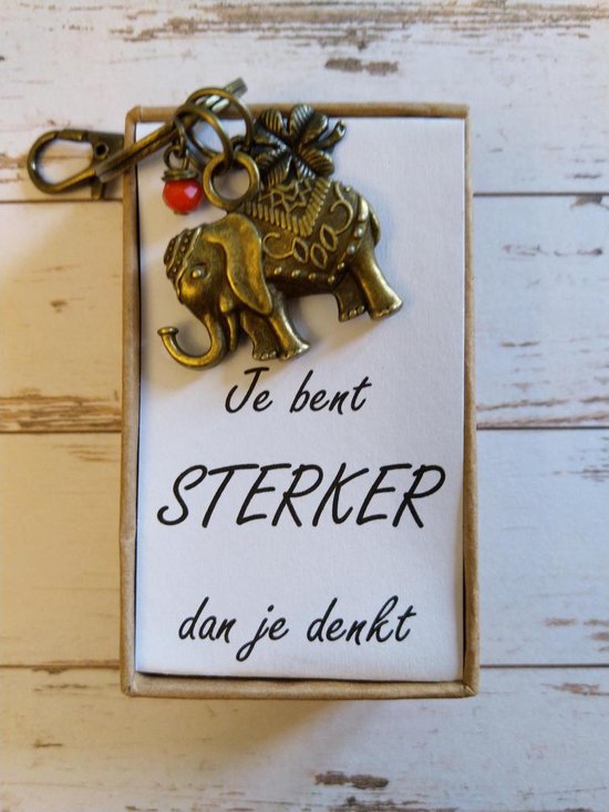 Geschenkbox " Je bent sterker dan je denkt " Bronze grote Olifant met klaver vier
