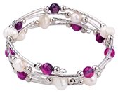 Zoetwaterparel wikkelarmband met edelstenen Wrap Pearl Pink Striped Agate - echte parels - agaat - wit - pink - roze - zilver