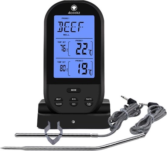 4cookz® 2 sensoren draadloze BBQ thermometer 0-250 graden - 4cookz