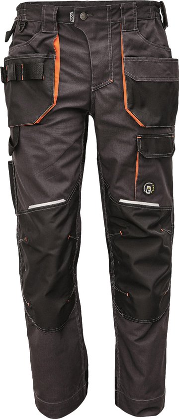 Grijze werkbroek met oranje accenten en meerdere zakken, reflecterende details op de knieën.
