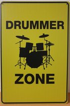 Drummer Zone Drumstel Reclamebord van metaal METALEN-WANDBORD - MUURPLAAT - VINTAGE - RETRO - HORECA- BORD-WANDDECORATIE -TEKSTBORD - DECORATIEBORD - RECLAMEPLAAT - WANDPLAAT - NOS