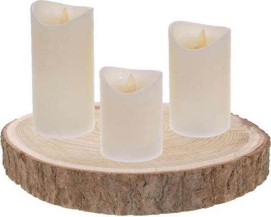 ingenieur cafe absorptie Kaarsen plateau houten boomschijf 29-34 cm met 3 LED-kaarsen ivoor -... |  bol.com