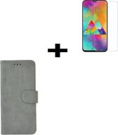 Samsung Galaxy A30s Hoesje - Wallet Book Case Grijs hoesje PU Leder + Screenprotector Tempered Gehard Glas