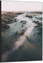 Dibond –Bos met Mist– 60x90cm Foto op Aluminium (Wanddecoratie van metaal)