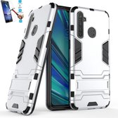 Realme 5 Pro Kickstand Shockproof Zilver Cover Case Hoesje - 1 x Tempered Glass Screenprotector A3TBL