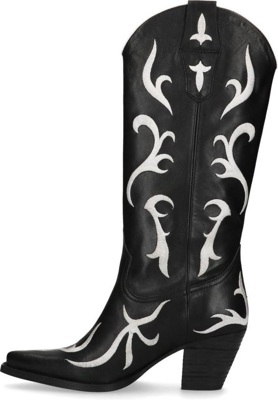 Sacha - Dames - Zwarte cowboylaarzen met witte details - Maat 40 | bol.com