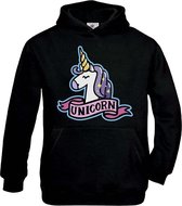 Hoodie sweater | Unicorn | zwart | maat 128 (7-8 jaar)