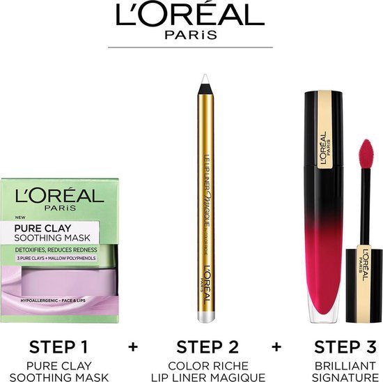 L'Oréal Paris Pure Clay Soothing Mask, Color Riche Lip Liner Magique en Brilliant Signature lippenstift in roze.