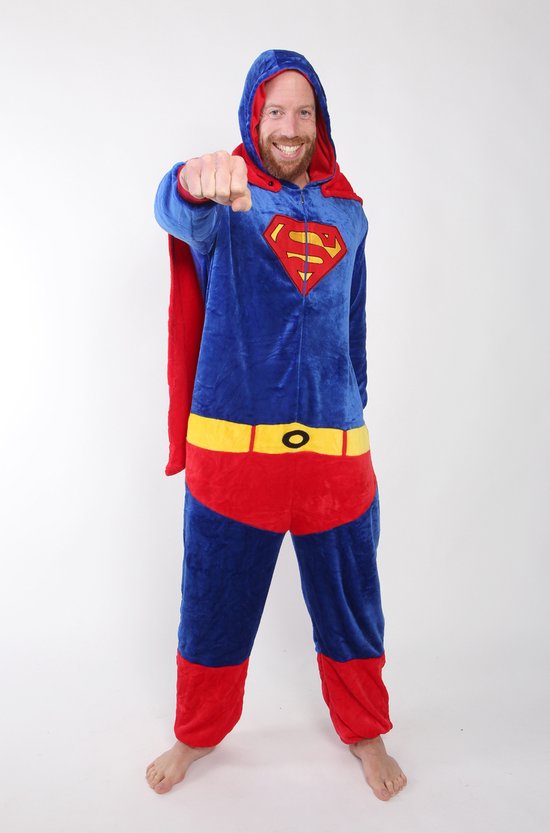 KIMU Onesie Superheld Pak Kostuum met Cape - Maat XS-S - Super Jumpsuit Huispak Fleece Volwassenen Dames Heren Overall Pyjama Man Festival