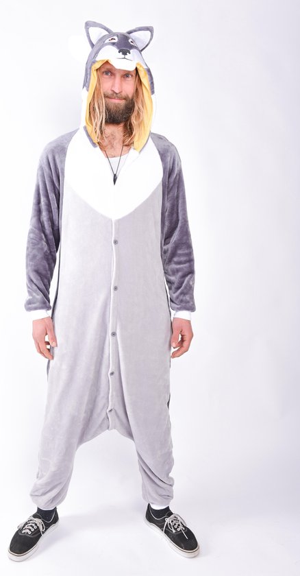 KIMU Onesie Wolf Suit Costume Husky Gris - Taille L-XL - Combinaison Chien Loup Combinaison Home Festival
