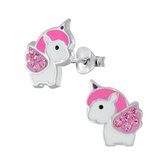 Joy|S - Zilveren baby eenhoorn oorbellen 8 x 10 mm kristal roze unicorn