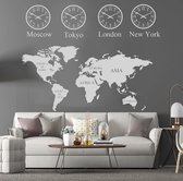 grijze grote wereldkaart - londen - new york - tokyo - moskou - woonkamer decoratie - slaapkamer - muursticker - afmeting - 145 x 115 cm