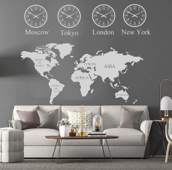 grijze grote wereldkaart - londen new york - tokyo - moskou - decoratie -... | bol.com