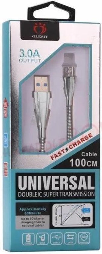 OLESiT 1 Meter MICRO USB Kabel - Metalen Zinc Aluminium 3.0A High Speed USB Oplaadkabel - UNS-K141 - Zilver