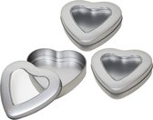 3x Zilveren hartjes opbergblikken/bewaarblikken 13 cm met venster - Cadeauverpakking zilveren voorraadblikken