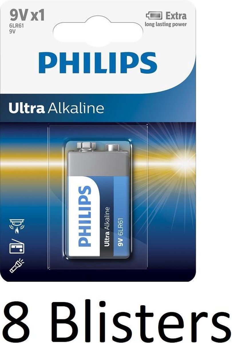 8 Stuks (8 Blisters a 1 st) Philips 6LR61 - 9V batterij