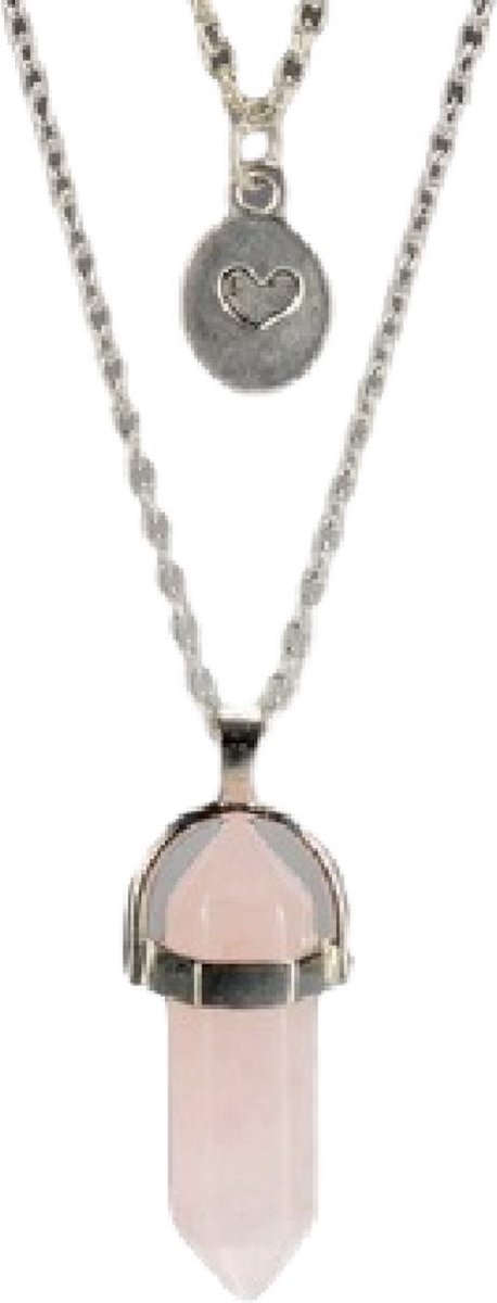 BY-ST6 Combinatie ketting van zacht roze steen met een zilverkleurig hart