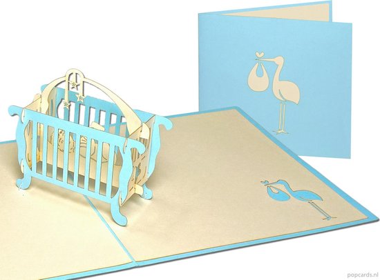 Popcards popupkaarten - Blauw Wiegje Baby kaart Geboorte Jongen pop-up kaart 3D wenskaart