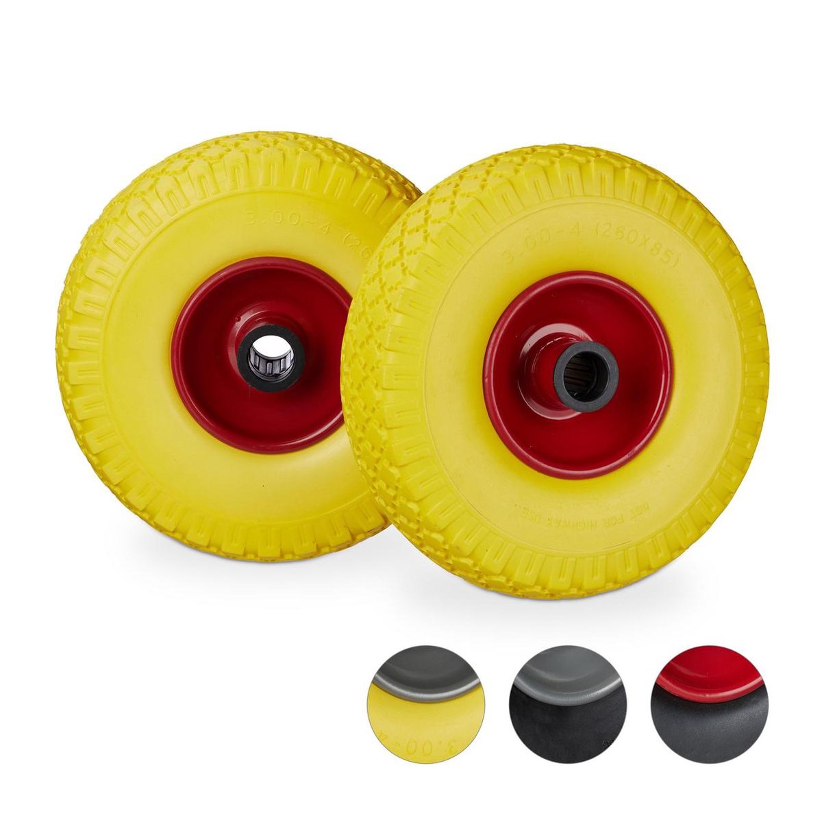 Relaxdays steekwagenwiel 3.00-4, set van 2, PU volrubber, stalen velg, anti-lek bolderkarwiel, 100 kg, rood/oranje