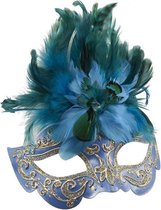 Venetiaans masker glitter & veren aqua