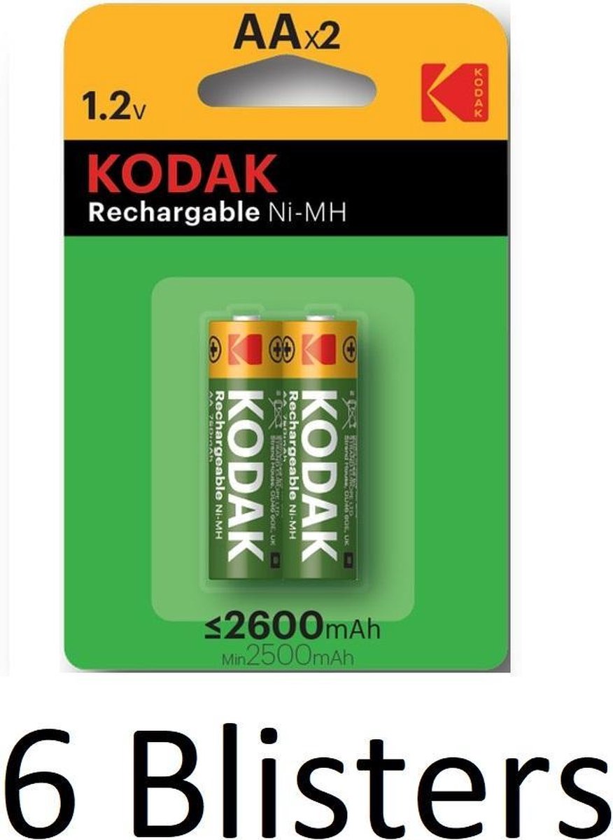 12 Stuks (6 Blisters a 2 st) Kodak AA Oplaadbare batterijen - 2600mAh