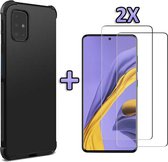 Samsung Galaxy A71 Hoesje - Anti Shock Hybrid Back Cover & 2X Glazen Screenprotector - Zwart