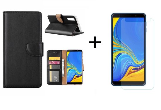 Coque Samsung Galaxy A7 2018 Zwart BookType et compartiments de rangement + Protecteur d'écran en Verres - par Bixb