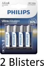8 Stuks (2 Blisters a 4 st) Philips AA Ultra Alkaline Batterijen