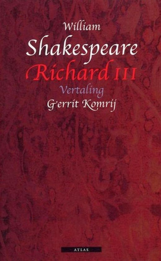 Boekomslag van William Shakespeare's Richard III, vertaling Gerrit Komrij, met een rode, abstracte achtergrond.