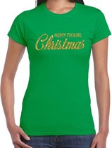 Fout kerstshirt / t-shirt - Merry Fucking Christmas - goud / glitter - groen voor dames - kerstkleding / christmas outfit XS
