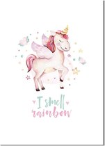 DesignClaud Unicorn / Eenhoorn poster - I smell rainbow - Kinderkamer poster - Babykamer poster - Decoratie - Roze A3 + Fotolijst zwart