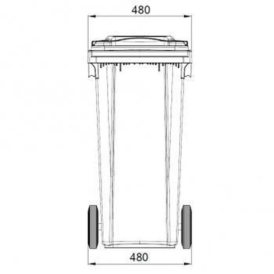 Technische tekening van een rode 120L afvalcontainer met wielen, 480mm breed.