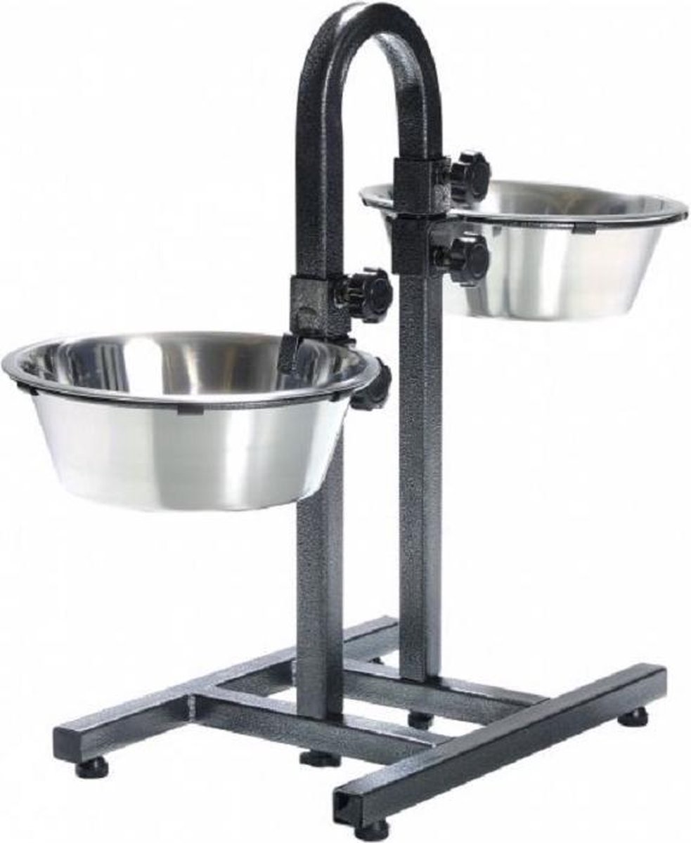Topmast Verstelbare Voederstandaard + 2 Rvs Bakken 21 cm - 2x 1.6 liter - individueel verstelbaar - Grijs