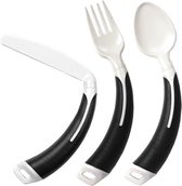 Bestekset 3-delig rechtshandig (vork, lepel en mes), aangepast bestek met rechts gebogen handvat. Anti-slip greep, zwart.
