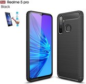 Oppo Realme 5 Pro Carbone Brushed Tpu Zwart Cover Case Hoesje - 1 x Tempered Glass Screenprotector