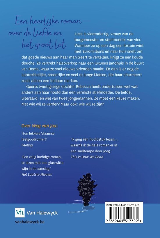 Boek 'Een heerlijke roman over de liefde en het groot lot' met tekst en illustratie van een boom.