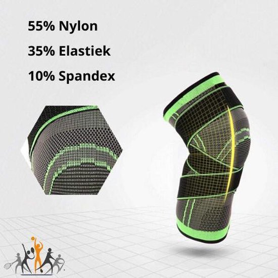 Grijze en groene kniebrace, 55% nylon, 35% elastiek, 10% spandex. Textuur close-up.
