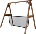 Bruin houten schommelframe met wit net aan de onderkant, geïsoleerd op witte achtergrond.