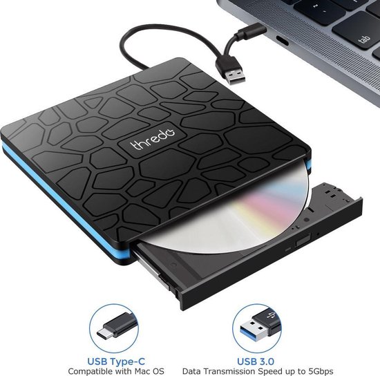 Thredo Externe DVD/CD speler voor laptop / computer met USB aansluiting  voor Windows/Mac | bol.com