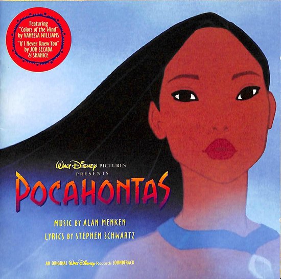 Pocahontas, Walt Disney Pictures soundtrack met Pocahontas' gezicht op de voorgrond.