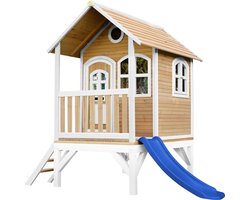 AXI Tom Speelhuis in Bruin/Wit - Met Verdieping en Blauwe Glijbaan - Speelhuisje voor de tuin / buiten - FSC hout - Speeltoestel voor kinderen