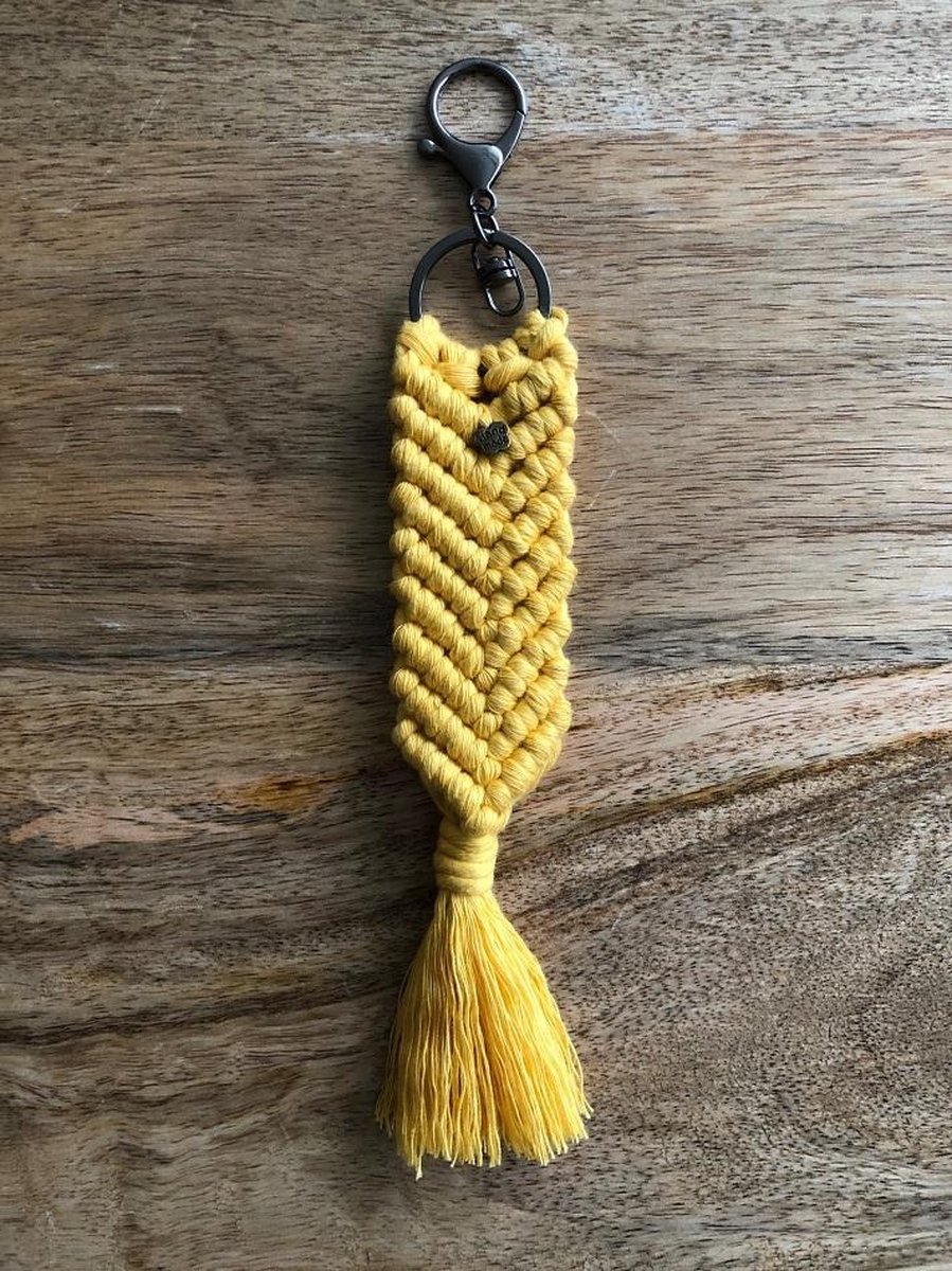 Sleutelhanger, macrame sleutelhanger, geknoopte sleutelhanger - geel