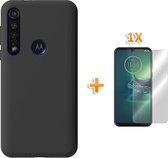 Motorola Moto G8 Plus Hoesje - Siliconen Back Cover & Glazen Screenprotector - Zwart