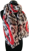 Luipaard viscose dames sjaal in zwart bruin beige met helder rode hartjes 80 x 180 cm