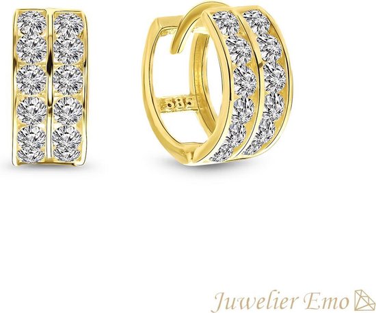 Juwelier Emo - Boucles d'oreilles enfant en or 14 carats fille - Double rangée de pierres de zircone - 17,5 MM