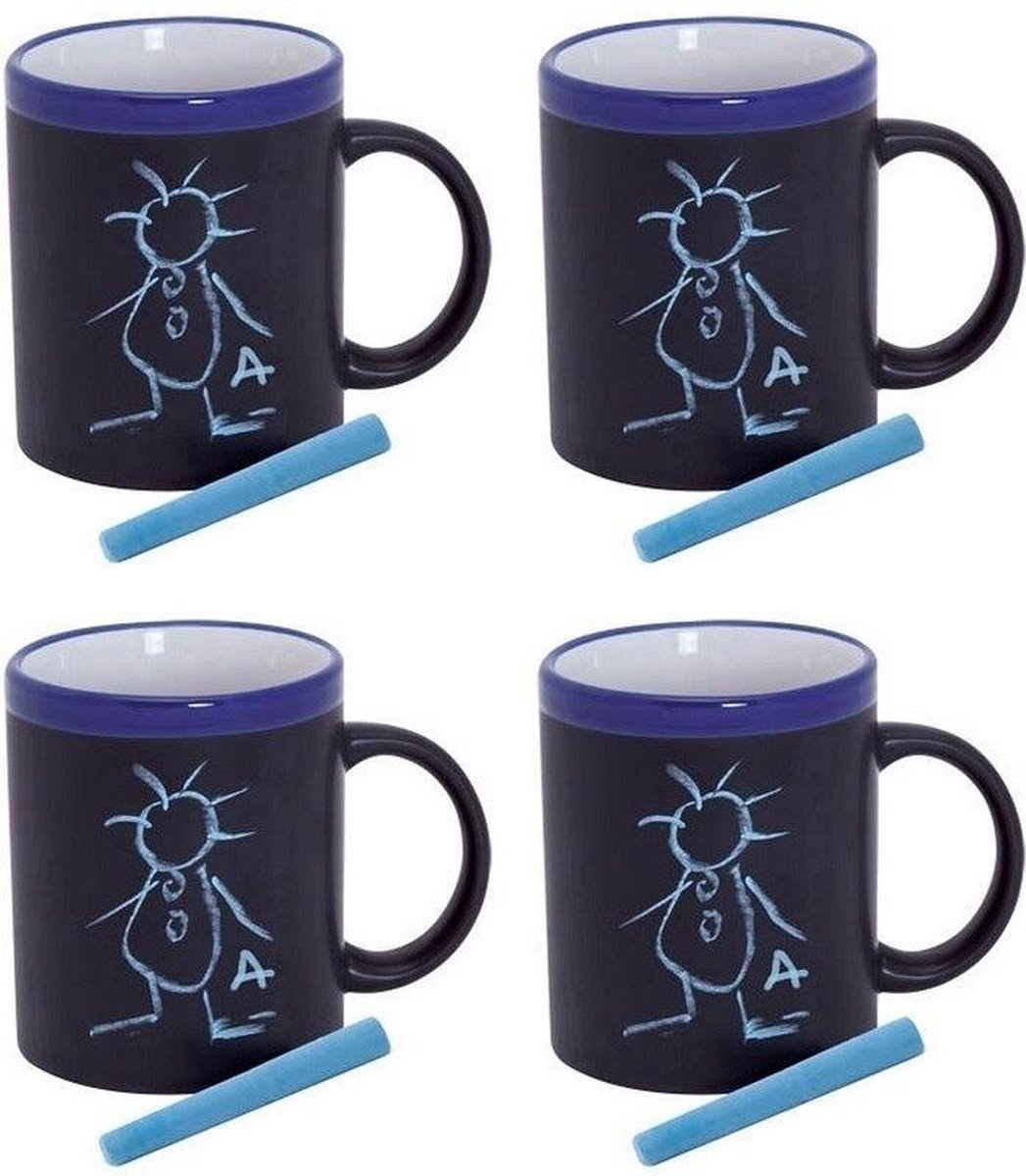 4x Krijtbord koffie mokken in het blauw - beschrijfbare koffie/thee mok/beker