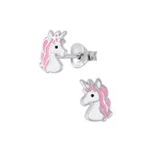Joy|S - Zilveren eenhoorn oorbellen 6 x 8 mm roze unicorn