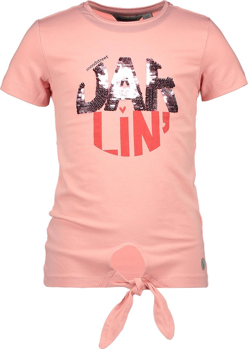 Moodstreet Meisjes T-shirt korte mouw met strook om te knopen - Light pink - Maat 98/104