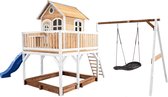AXI Liam Speelhuis in Bruin/Wit - Met Verdieping, Zandbak, Roxy Nestschommel en Blauwe Glijbaan - Speelhuisje voor de tuin / buiten - FSC hout - Speeltoestel voor kinderen