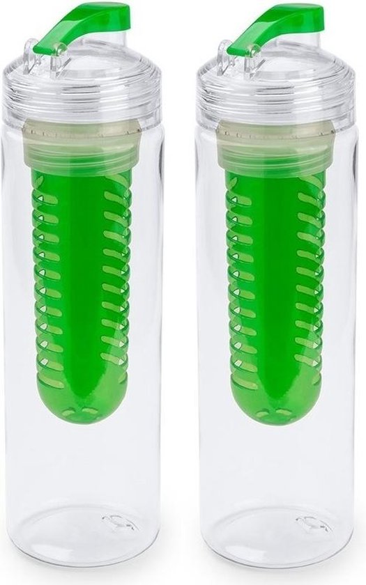 2x Transparante drinkfles/waterfles met  groen fruit infuser/filter 700 ml - Sportfles - BPA-vrij